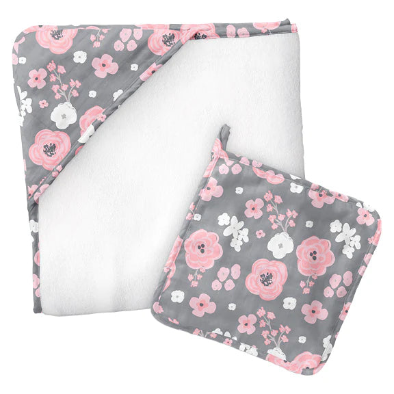 Charcoal Flower Hooded Towel & Washcloth Set