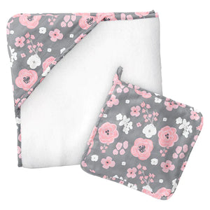 Charcoal Flower Hooded Towel & Washcloth Set