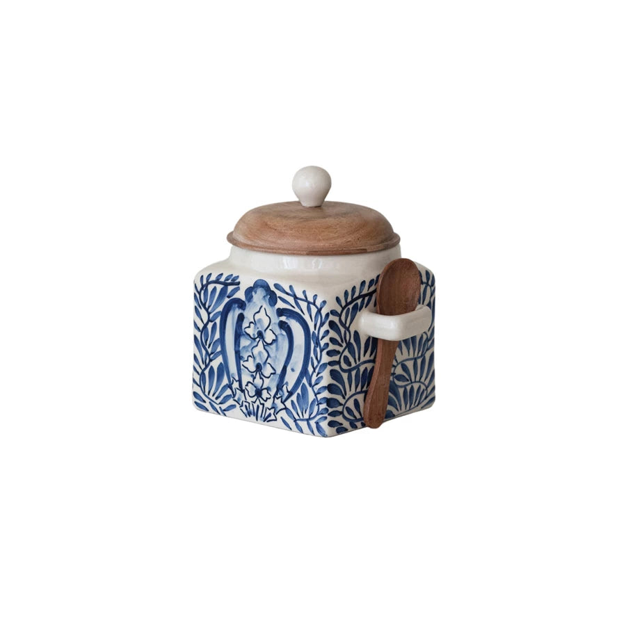 Stoneware Blue & White Canister with Wood Spoon